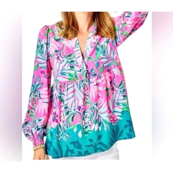 Lilly Pulitzer Blouse Womens Medium Winona Tunic V-Neck Peplum Waist Pink Blue - Picture 2 of 8